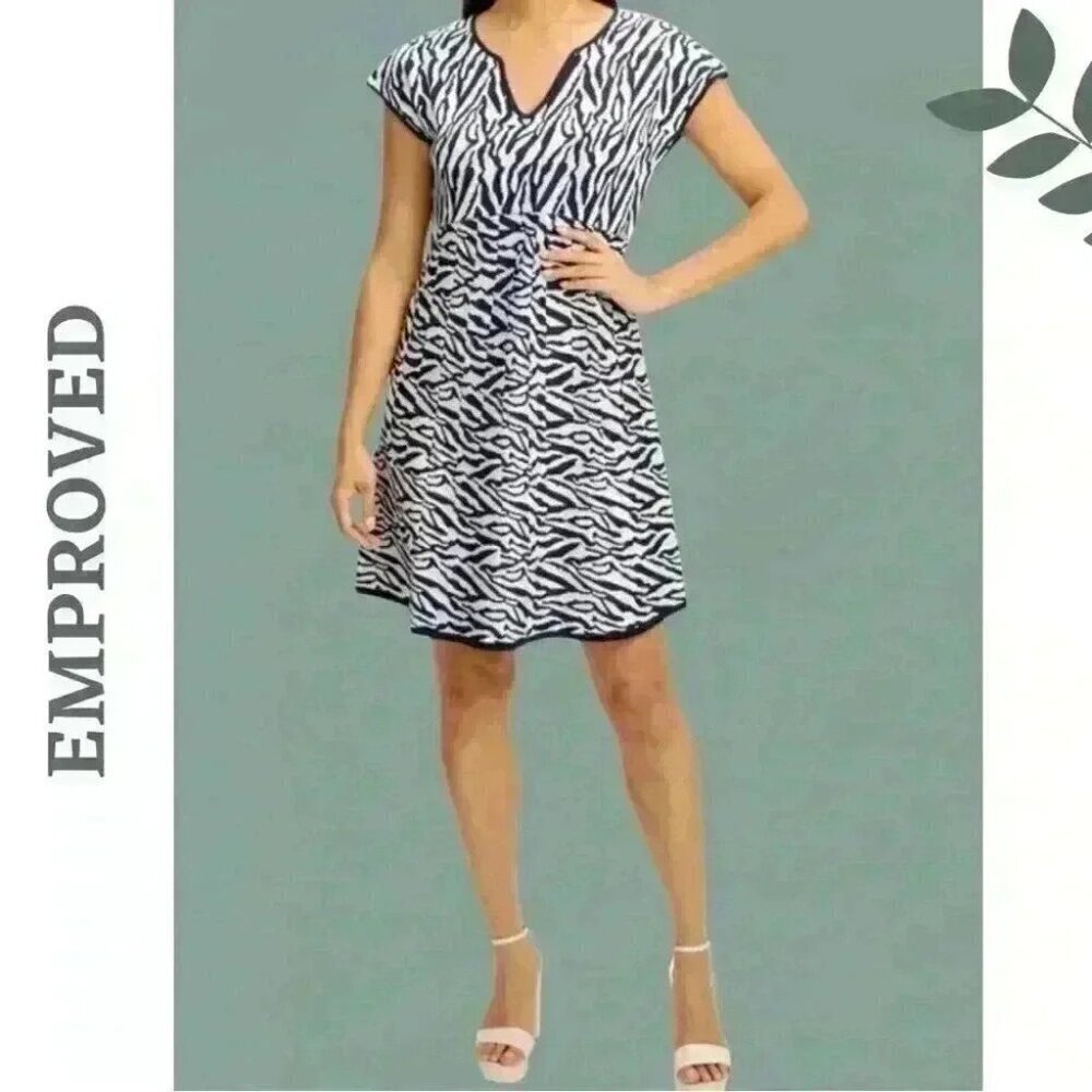 Emproved Animal Print Shirt Sleeve Knit Mini Dress Navy White Sustainable